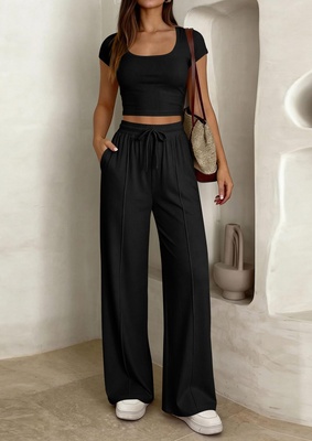 Conjunto de 2 piezas Y2K de manga corta y pantalón largo para mujer - Black-2XL