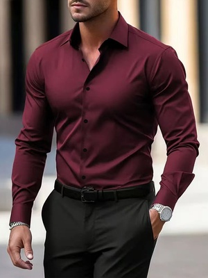 Camisa de hombre para negocios, camisa de botones, camisa de verano de color sólido, manga larga, con solapa, camisa de vacaciones, tops casuales de moda con estilo.