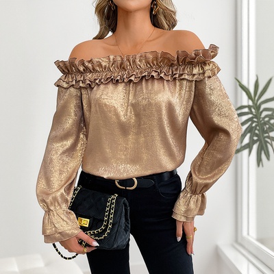 Camisa dorada de manga larga con hombros descubiertos para mujer, temporada de otoño