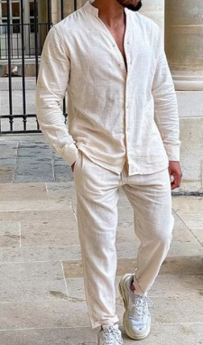 Conjunto de dos piezas casual para hombre: suéter de manga larga con cuello en V y pantalón recto, color sólido, para uso diario.