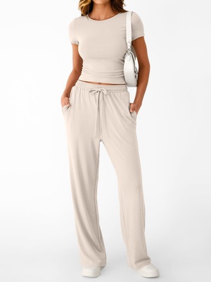 Conjunto de dos piezas estilo Y2K casual y entallado para mujer - Beige-XL