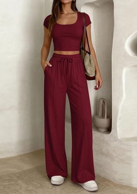 Conjunto de 2 piezas Y2K de manga corta y pantalón largo para mujer - Wine Red-XL