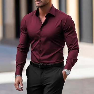 Camisa de hombre para negocios, camisa de botones, camisa de verano de color sólido, manga larga, con solapa, camisa de vacaciones, tops casuales de moda con estilo.