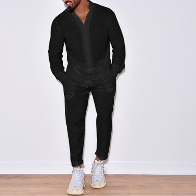 Conjunto casual de dos piezas para hombre: suéter de manga larga con cuello en V y pantalón recto, color sólido, para uso diario. - Black-S